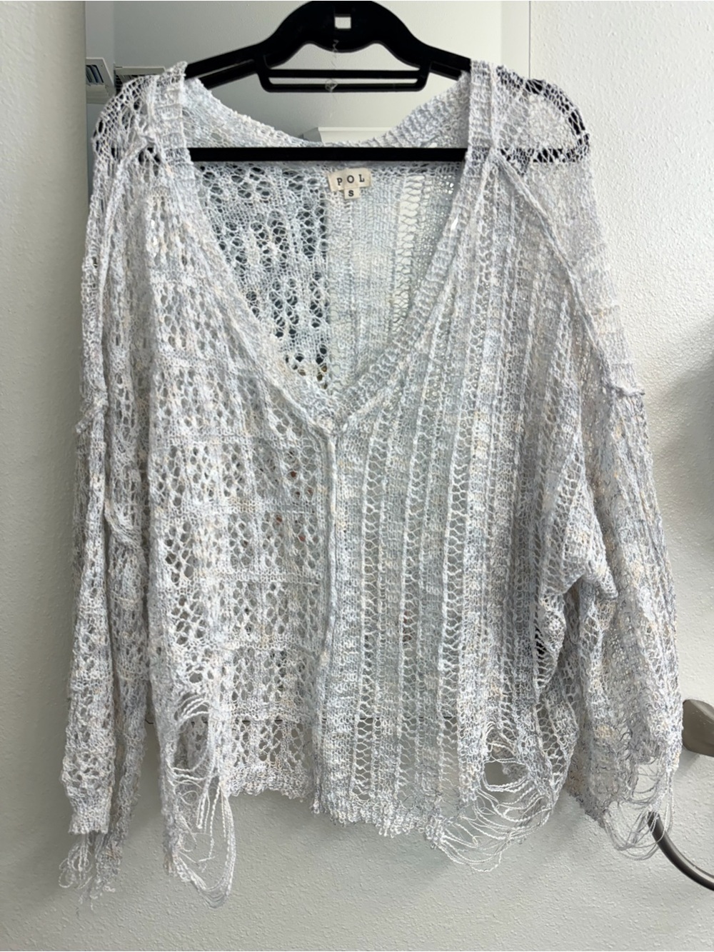 POL Open-Knit V-Neck Distressed Sweater - Light Gray, multi colored
